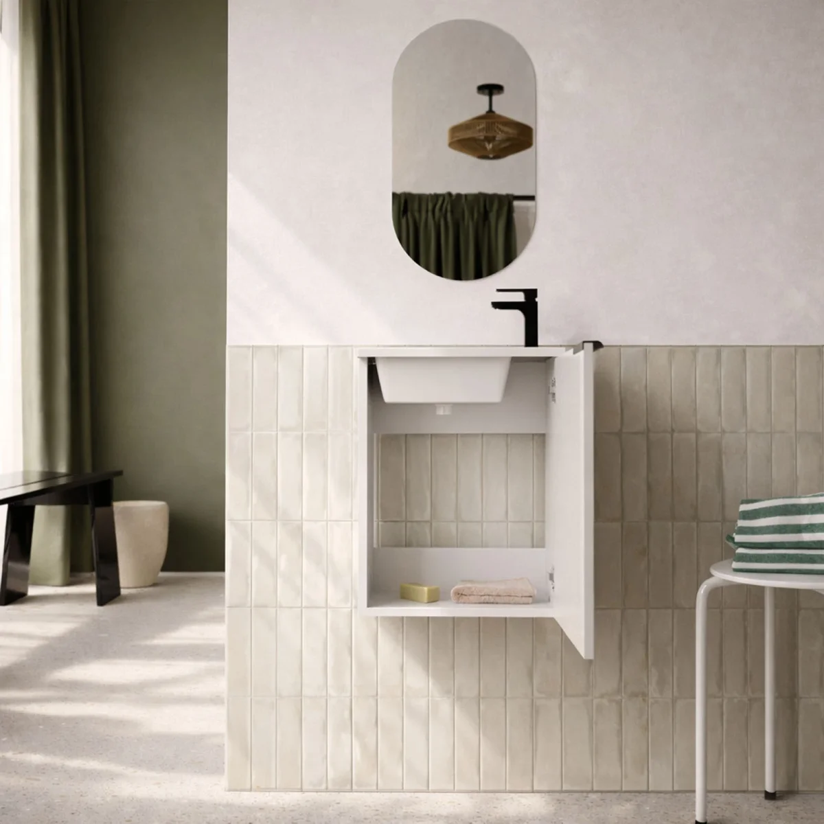 Ensemble meuble lave mains MDF ondulé blanc 40x50x22cm et miroir ovale – MILO – Image 3