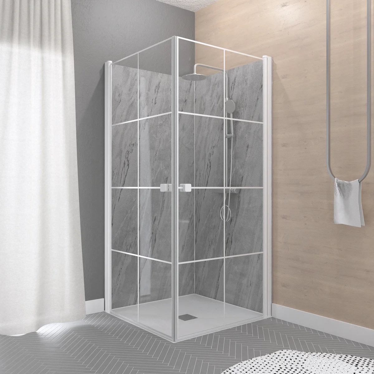 Portes de Douche en Angle 90x90x190 cm – Motifs carrés – Profilés Blanc – WHITE CUBE – Image 6