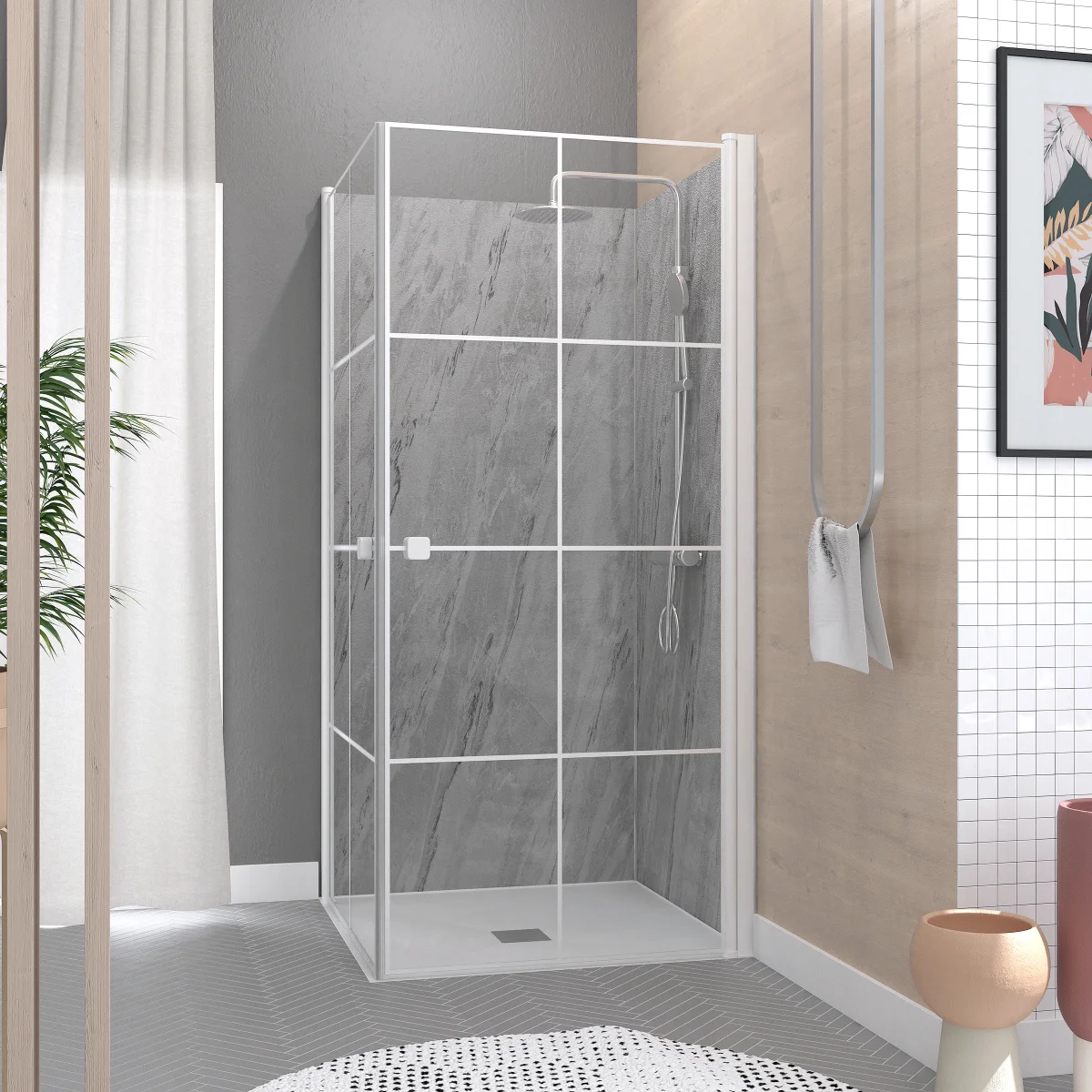 Portes de Douche en Angle 90x90x190 cm – Motifs carrés – Profilés Blanc – WHITE CUBE – Image 2